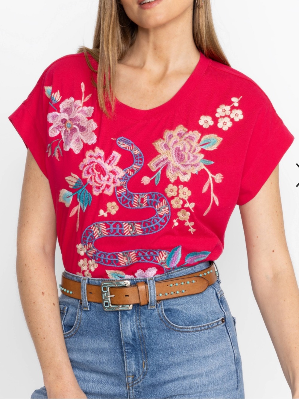 NWT JOHNNY WAS Edie Relaxed Tee in Virtual Pink Sz XS Embroidered Snake Floral